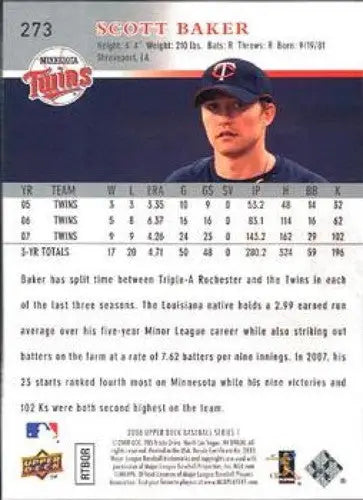 Original gloss Scott Baker baseball card from 2008 Upper Deck Twins series