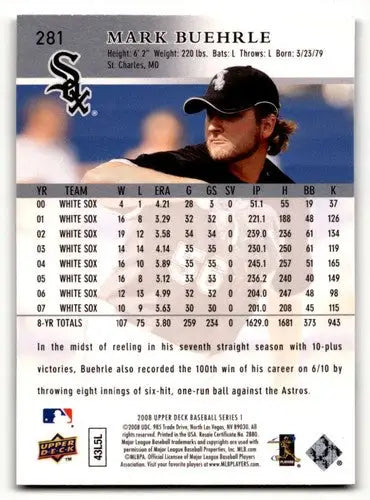 2008 Upper Deck Mark Buehrle Chicago White Sox baseball card featuring Mark Buehrle Chicago