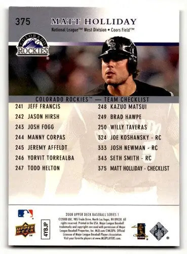 Original gloss 2008 Upper Deck Matt Holliday Colorado Rockies baseball card featuring Matt Holliday Colorado