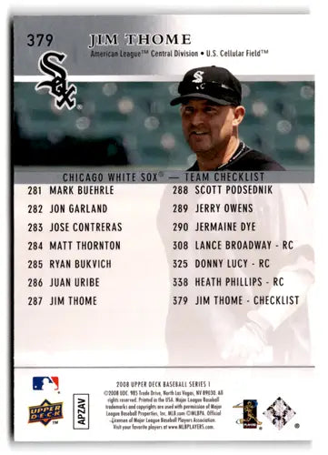 Baseball card back of 2008 Upper Deck Jim Thome White Sox rookie card