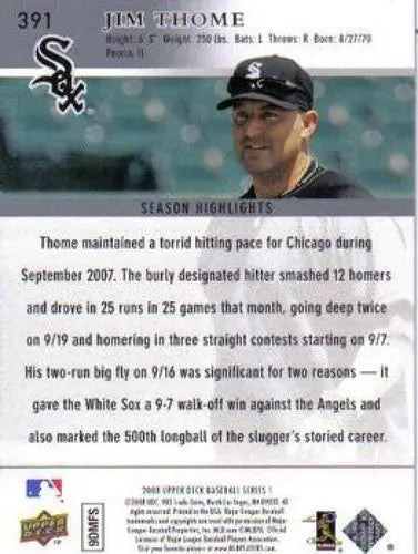 Original gloss Jim Thome baseball card from Upper Deck 2008 Series featuring White Sox