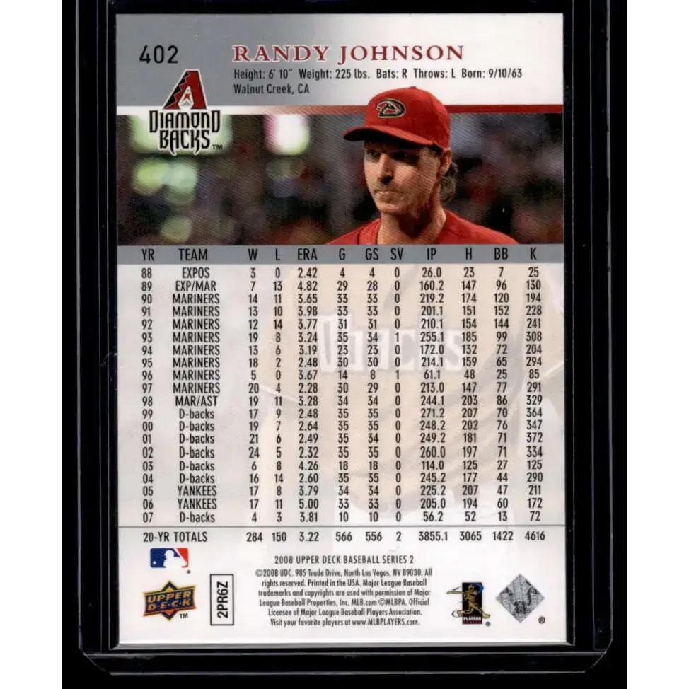 2008 Upper Deck #402 Randy Johnson EX/NM Arizona Diamondbacks Baseball Card - Baseball Card Single