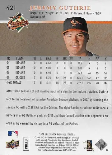 Baseball card back of 2008 Upper Deck Jeremy Guthrie Orioles with original gloss