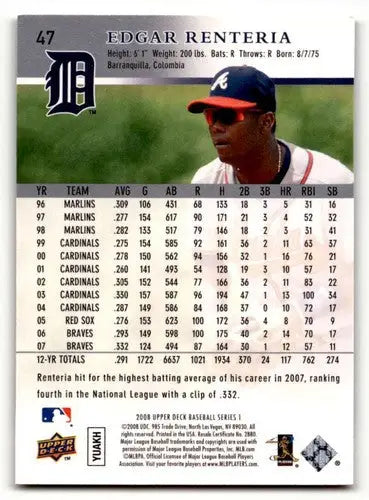 2008 Upper Deck #47 Edgar Renteria Detroit Tigers Baseball Cards EX/ ID:59623 - Baseball Card Single