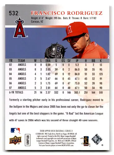 Original gloss 2008 Upper Deck Francisco Rodriguez baseball card Angels ID 72234