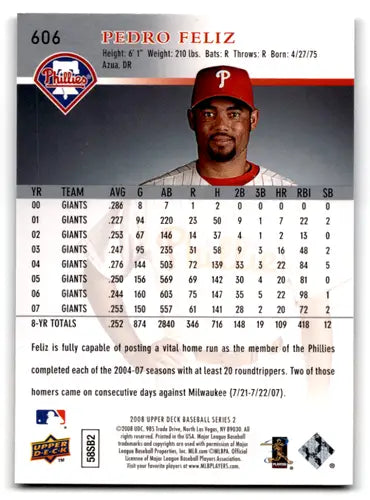 Original gloss 2008 Upper Deck Pedro Feliz baseball card Phillies NM-MT ID 71550