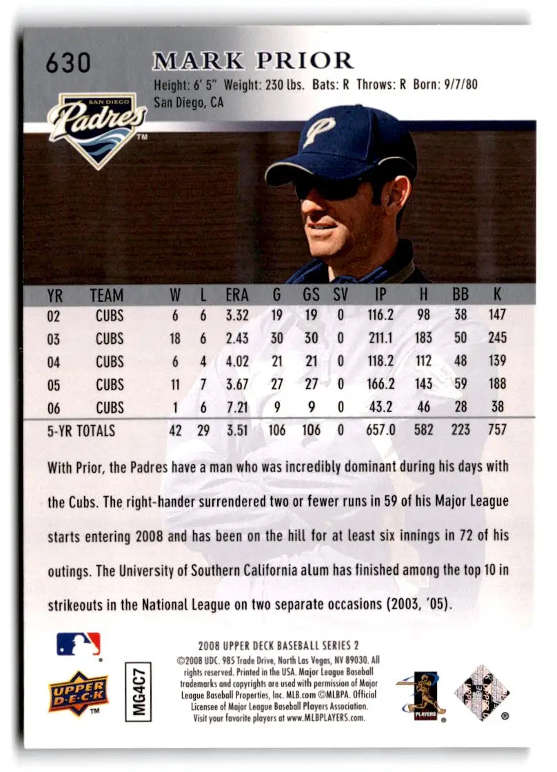 2008 Upper Deck #630 Mark Prior - Baseball Card Single