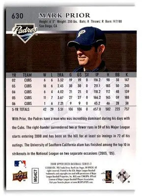 2008 Upper Deck #630 Mark Prior - Baseball Card Single