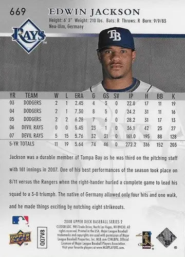2008 Upper Deck #669 Edwin Jackson NM-MT Rays ID:72198 - Baseball Card Single