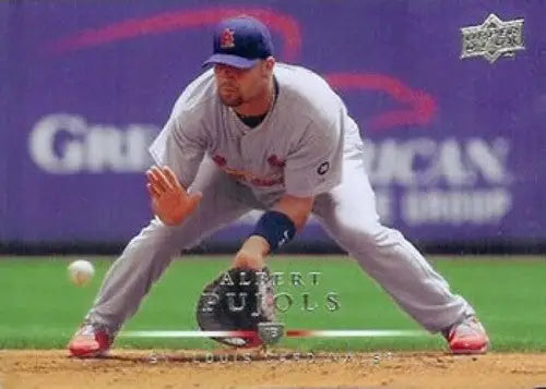 Original gloss baseball card featuring Albert Pujols in fielding stance from Upper Deck