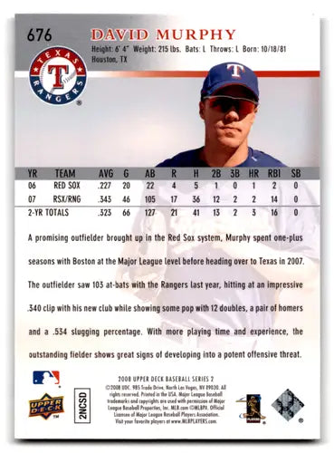 Original gloss baseball trading card for David Murphy from 2008 Upper Deck Rangers