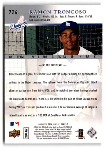 Original gloss 2008 Upper Deck Ramon Troncoso baseball card Dodgers RC NM-MT