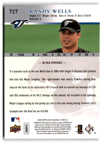 Original gloss 2008 Upper Deck Randy Wells rookie Blue Jays baseball card