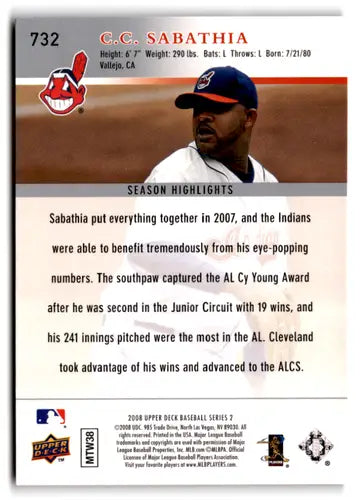C.C. Sabathia baseball card from 2008 Upper Deck NM-MT Indians with original gloss