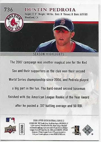 2008 Upper Deck #736 Dustin Pedroia NM-MT Red Sox - Baseball Card Single