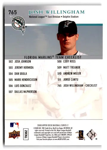 Baseball card back from 2008 Upper Deck featuring Josh Willingham with original gloss