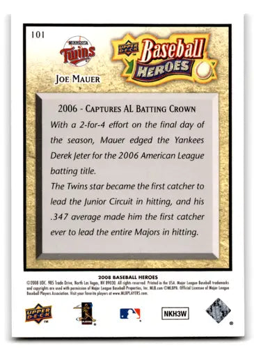 2008 Upper Deck Baseball Heroes #101 Joe Mauer NM-MT Twins ID:71337 - Baseball Card Single