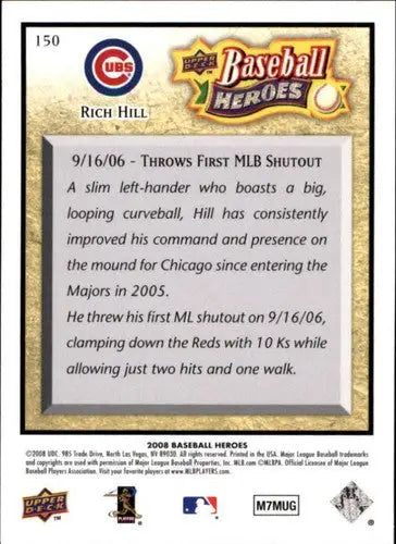 Baseball card back from 2008 Upper Deck Baseball Heroes Rich Hill Cubs NM-MT