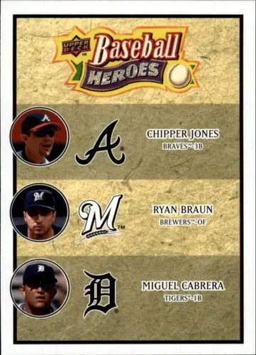 Original gloss Upper Deck Baseball Heroes trading card featuring Chipper Jones Ryan Braun Miguel Cabrera