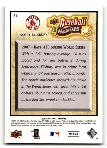 Original gloss Jacoby Ellsbury baseball card from 2008 Upper Deck Baseball Heroes series