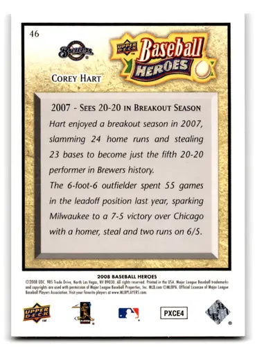 2008 Upper Deck Baseball Heroes #46 Corey Hart NM-MT Brewers ID:72085 - Baseball Card Single