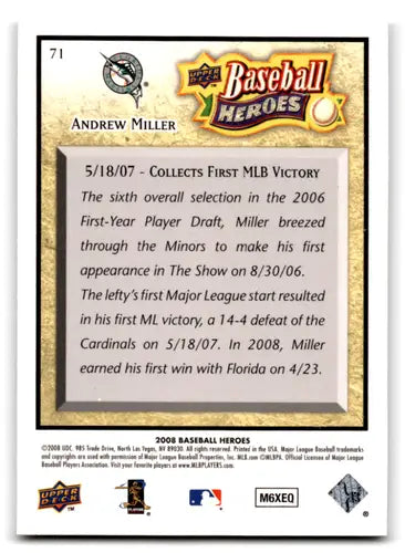 Back of 2008 Upper Deck Baseball Heroes Andrew Miller trading card with original gloss