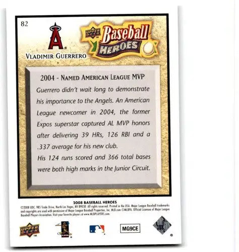 2008 Upper Deck Baseball Heroes #82 Vladimir Guerrero NM-MT Angels ID:71939 - Baseball Card Single