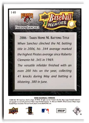 Original gloss 2008 Upper Deck Baseball Heroes Freddy Sanchez Pirates baseball card
