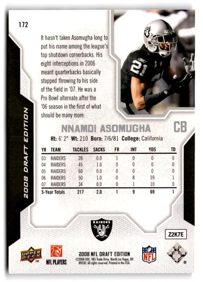 2008 Upper Deck Draft Edition #172 Nnamdi Asomugha - Football Card Single