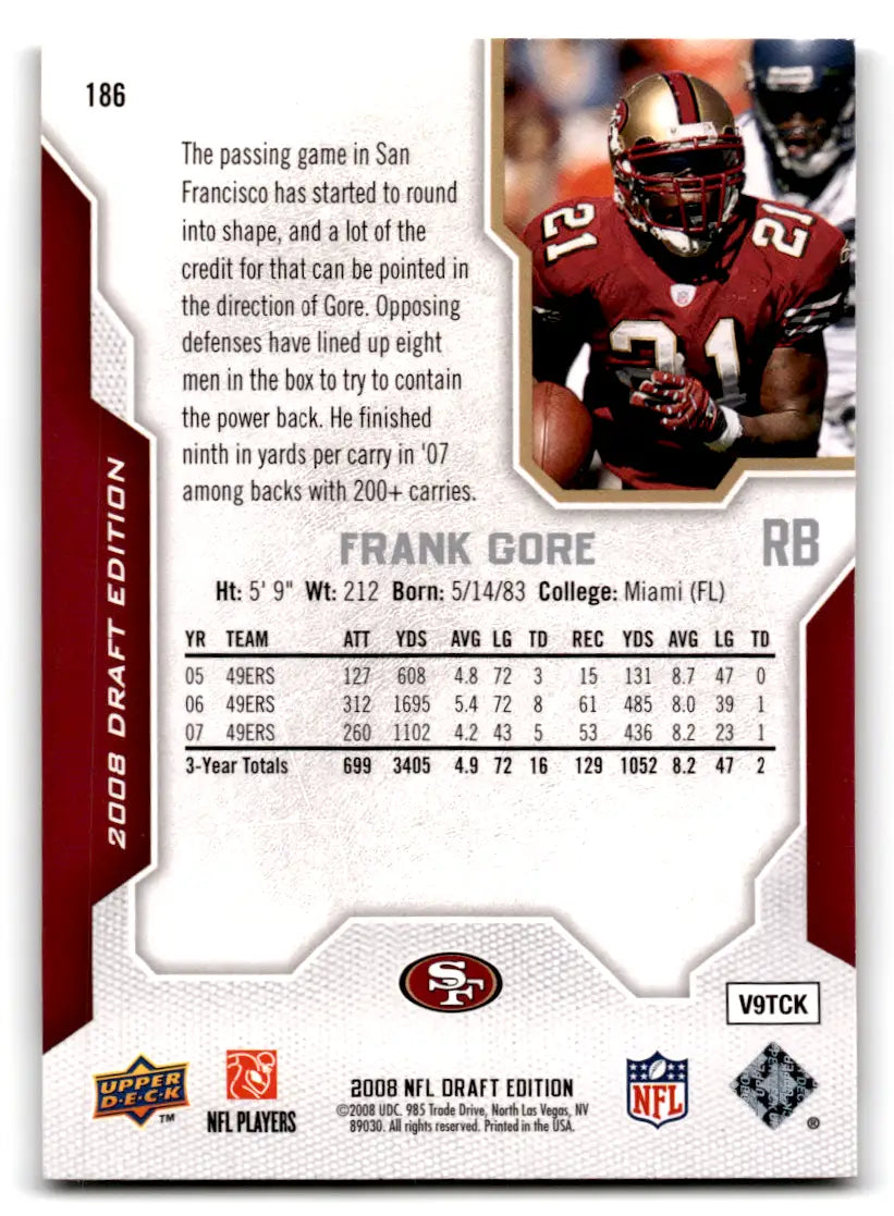 2008 Upper Deck Draft Edition Football Frank Gore #186 49ers - Football Card Single