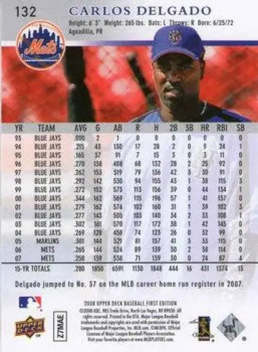2008 Upper Deck First Edition #132 Carlos Delgado NM-MT Mets ID:70846 - Baseball Card Single