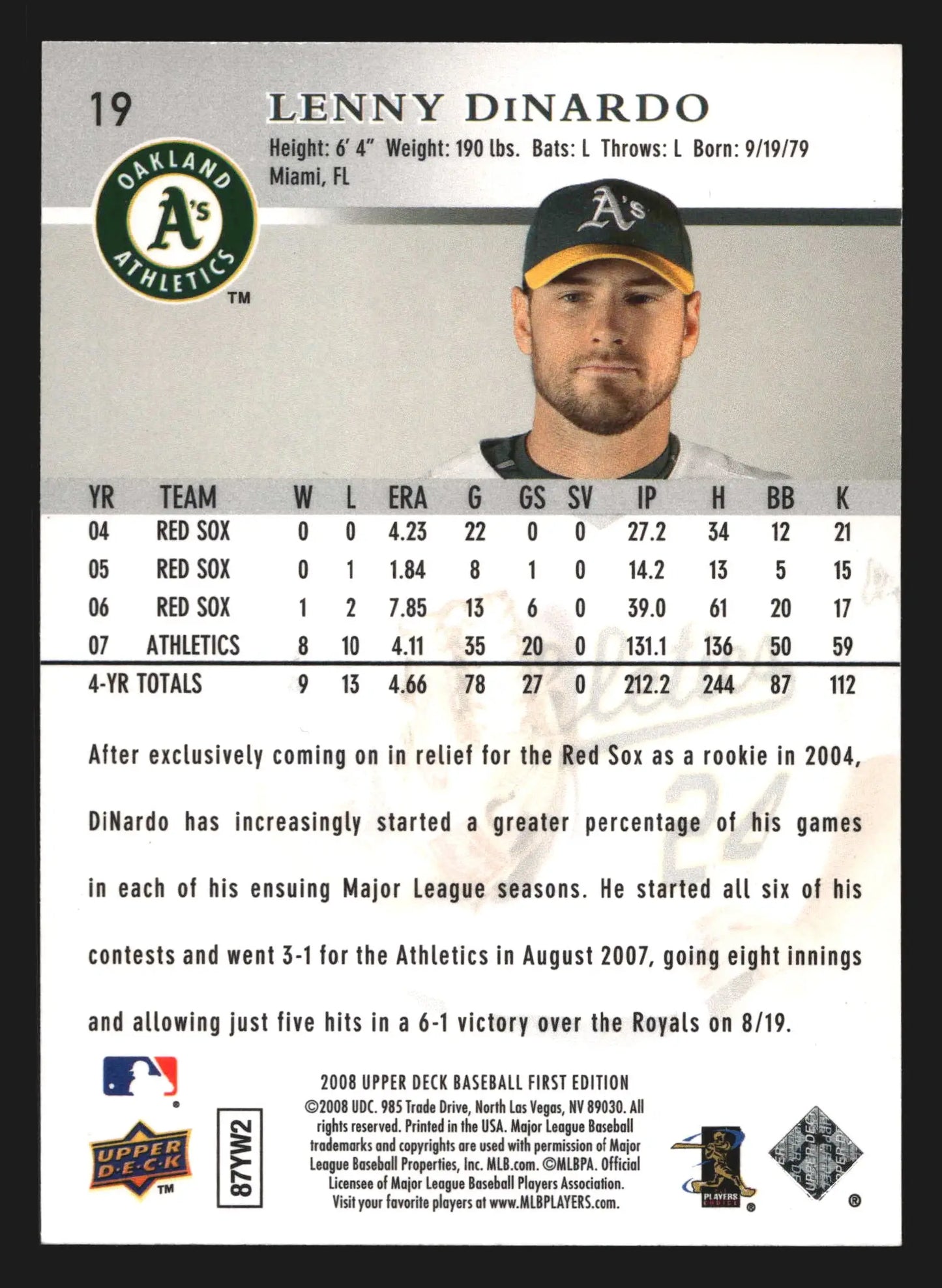 2008 Upper Deck First Edition #19 Lenny DiNardo Oakland Athletics - Baseball Card Single