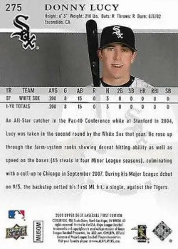 Baseball card back featuring original gloss of 2008 Upper Deck First Edition rookie White Sox ID 72337