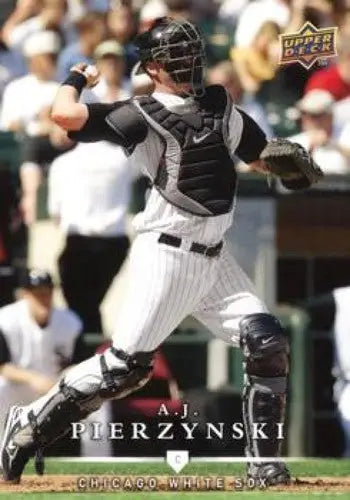 Original gloss of 2008 Upper Deck First Edition White Sox A.J. Pierzynski baseball catcher in action