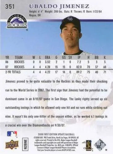 2008 Upper Deck First Edition #351 Ubaldo Jimenez NM-MT Rockies ID:72182 - Baseball Card Single