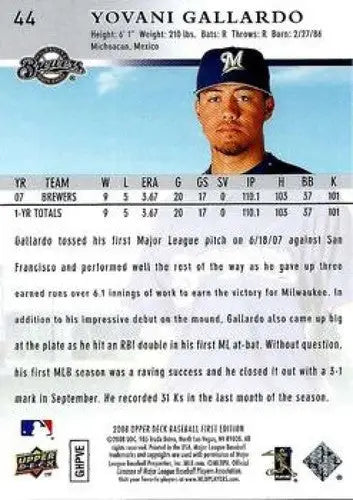 2008 Upper Deck First Edition #44 Yovani Gallardo NM-MT Brewers ID:71895 - Baseball Card Single