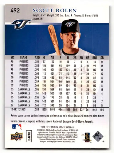 2008 Upper Deck First Edition #492 Scott Rolen NM Near Mint Blue Jays ID:61496 - Baseball Card Single