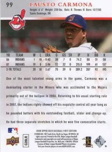 Original gloss 2008 Upper Deck Fausto Carmona baseball card Indians ID71669