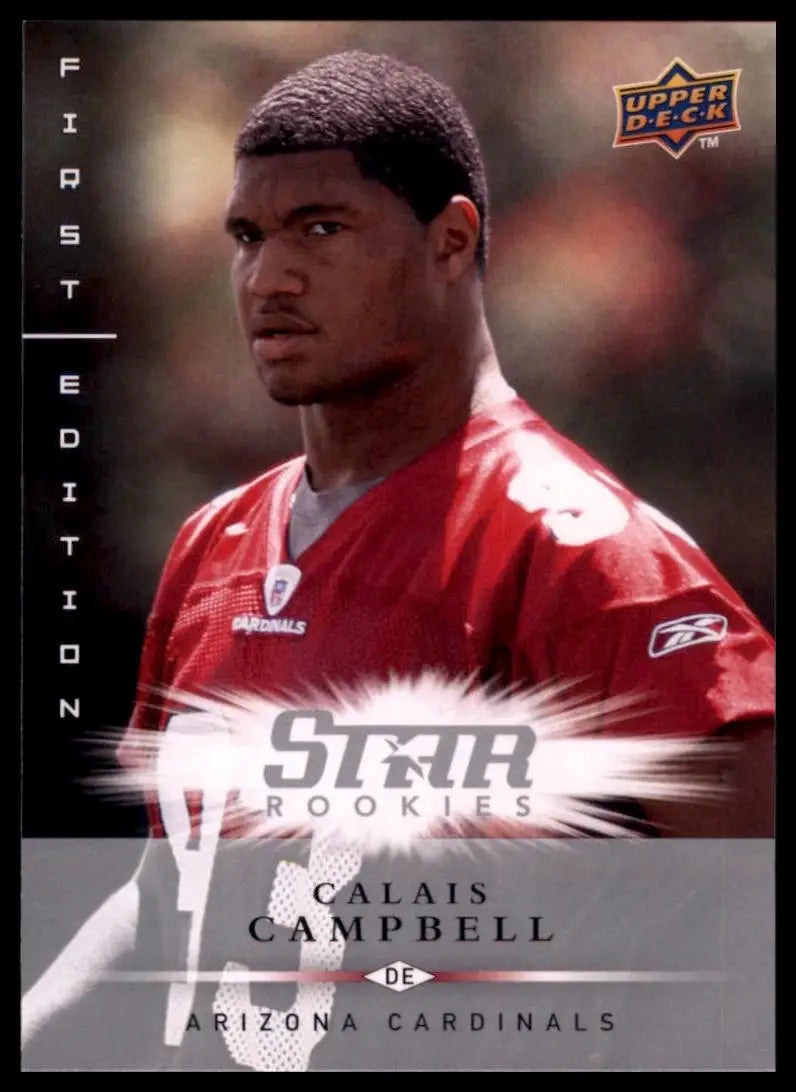 Red Reebok football jersey with silver accents and Arizona Cardinals text for Calais Campbell rookie card