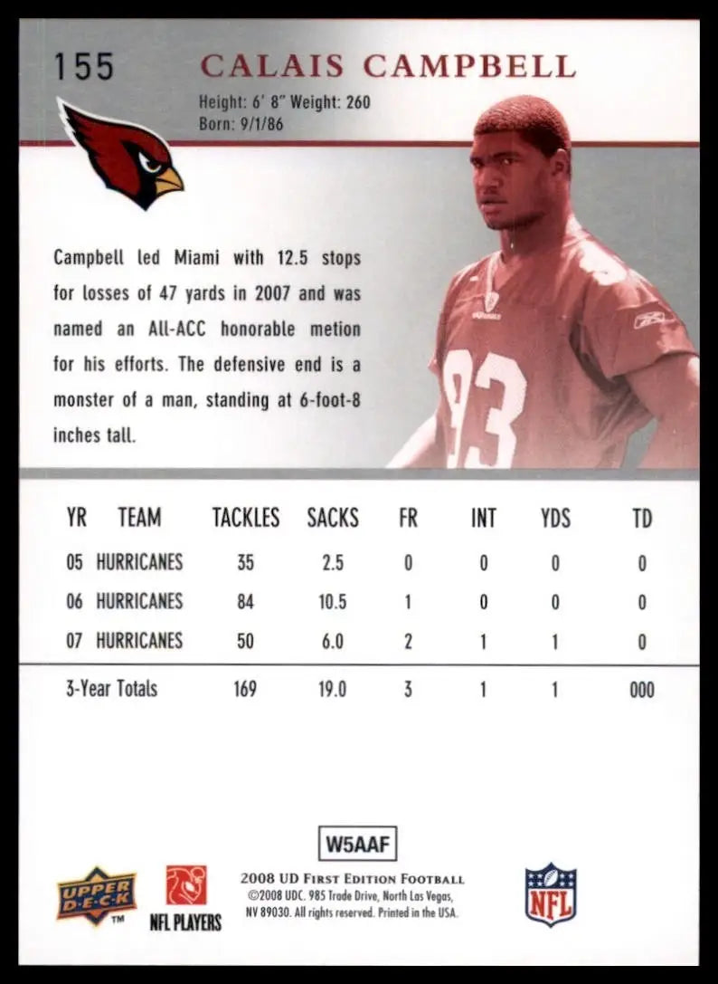 2008 Upper Deck First Edition Calais Campbell Star Rookie Card Arizona Cardinals