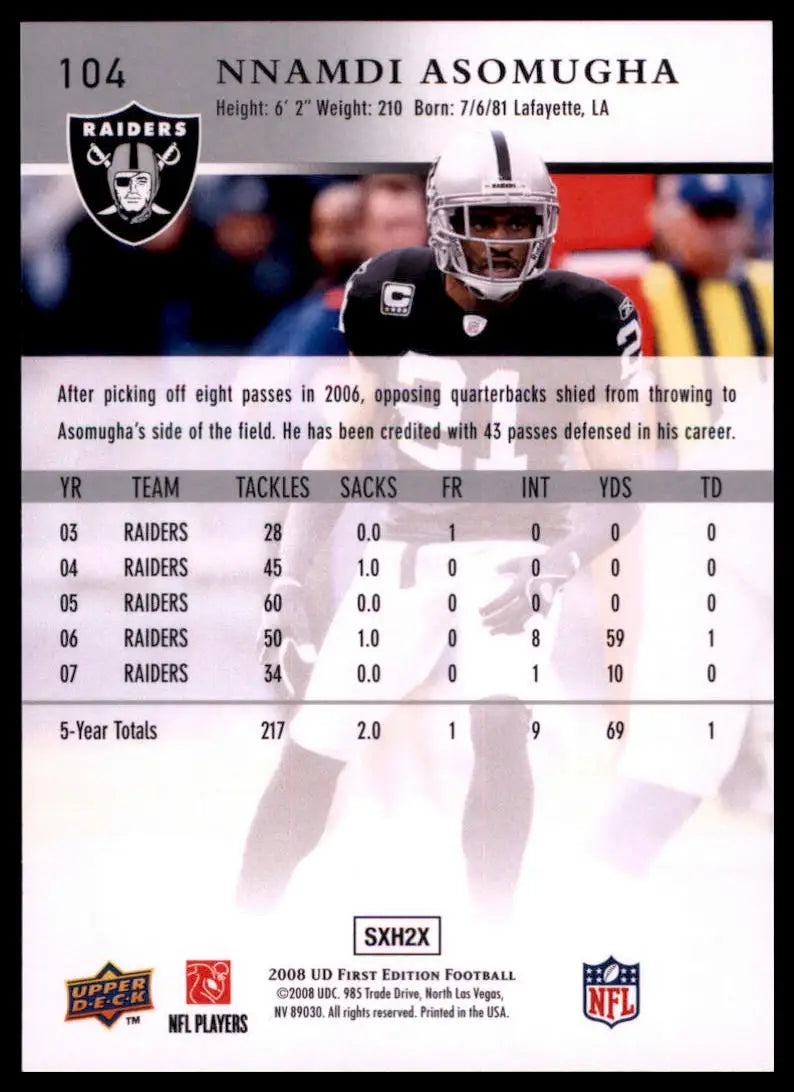 2008 Upper Deck First Edition Nnamdi Asomugha 104 Oakland Raiders NM - Football Card Single