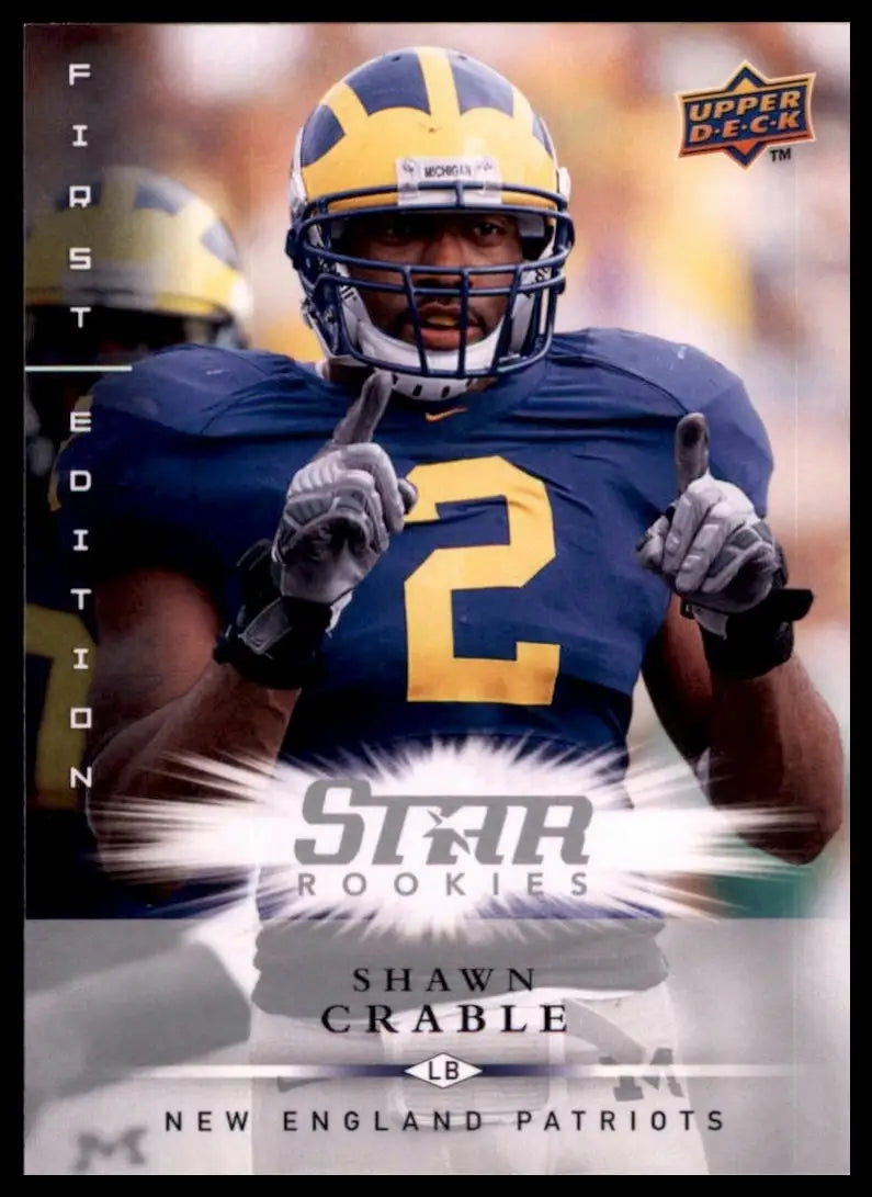 2013 Upper Deck Star Rookies football card of Shawn Crable in New England Patriots uniform
