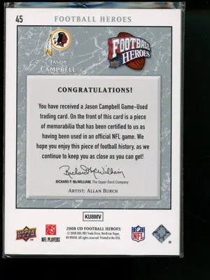 2008 Upper Deck Football Heroes Jason Campbell #45 33/35 Game-Used Memorabilia - Football Card Single
