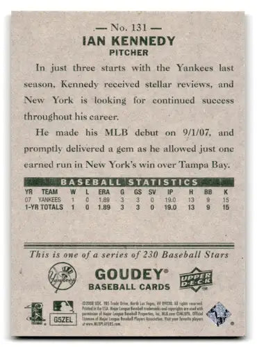 Original gloss Ian Kennedy baseball card from 2008 Upper Deck Goudey Yankees RC