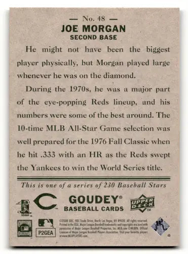 Back of a baseball card featuring Joe Morgan with original gloss from Upper Deck Goudey
