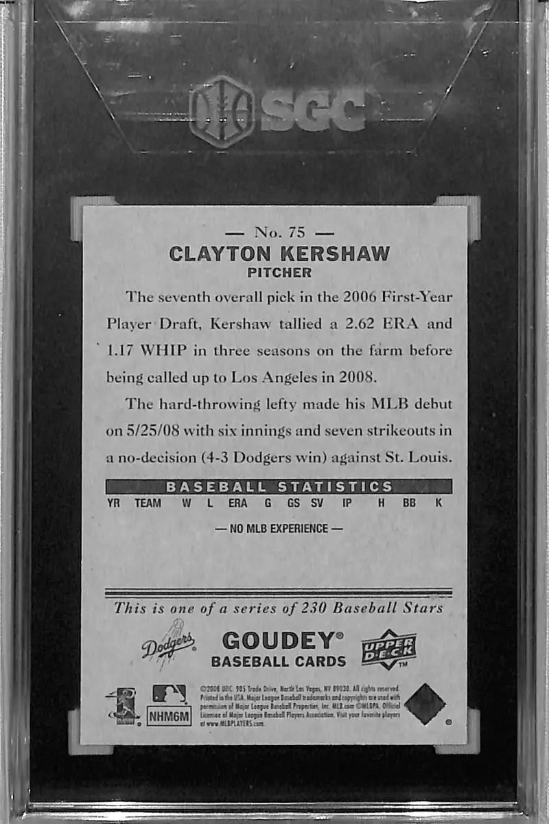 2008 Upper Deck Goudy #75 Clayton Kershaw SGC 10 Gem RC Rookie Los Angeles Dodgers - Baseball Card Single