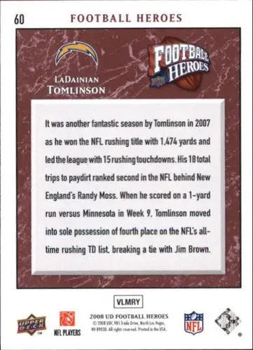 Original gloss of 2008 Upper Deck Heroes LaDainian Tomlinson trading card featuring Chargers