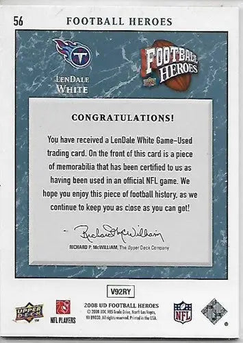 2008 Upper Deck Heroes Jerseys Blue #56 LenDale White NM-MT MEM 135/175 ID:15750 - Football Card Single