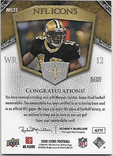 Marques Colston game-used football memorabilia card from 2008 Upper Deck Icons NFL series