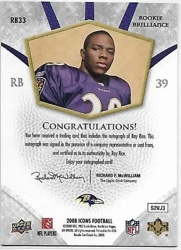 2008 Upper Deck Icons Rookie Brilliance Autographs #RB33 Ray Rice NM-MT ID:15744 - Football Card Single